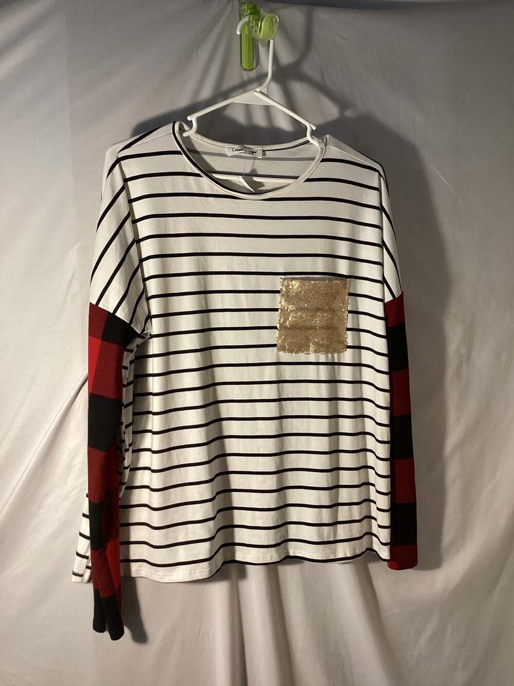 Cream n Sugar Mixed Print Striped and Plaid Top with Gold Sequin Pocket